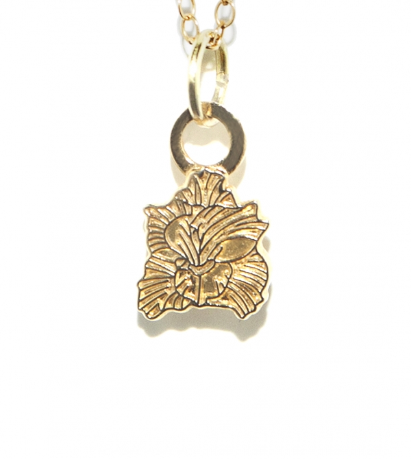 small flower of the gladiator, flower of courage, katrina eugenia, fairmount laundry, flower charm, flower necklace, charm necklace, plated in 14k gold, made in the usa